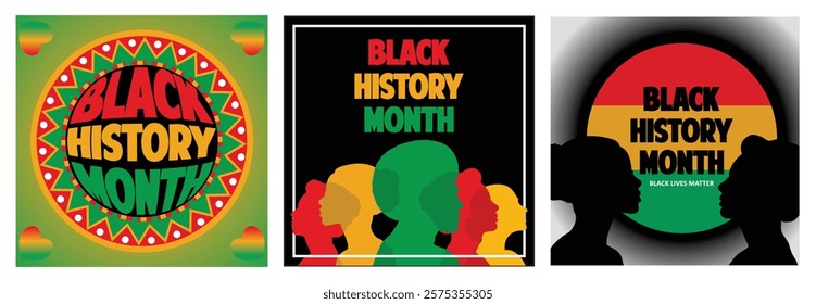 Design Celebrating Black History Month. Celebration Silhouettes with Red, Yellow, and Green Colors. Highlighting Cultural Pride and Awareness. Set flat vector modern illustration 