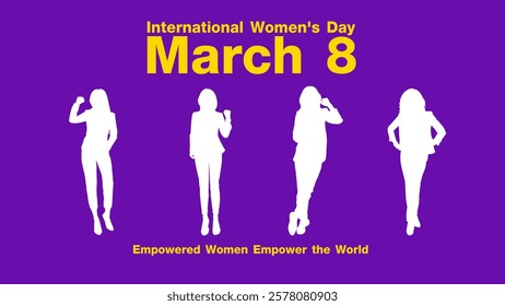 A design celebrating International Womens Day on March 8,  silhouettes of confident businesswomen against a vibrant purple background, symbolizing strength, leadership, and equality