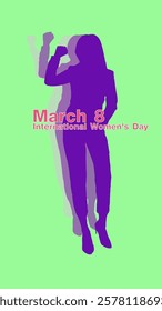 A design celebrating International Women's Day on March 8,  silhouettes of confident businesswomen against a vibrant purple background, symbolizing strength, leadership, and equality