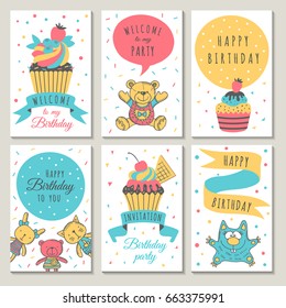 Design of celebration cards. Kids invitation for party. Cupcakes and children toys in cartoon style. Vector illustrations set