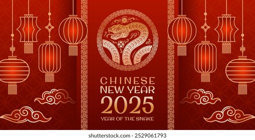 The design for the celebration of the Chinese New Year in the year of 2025 is vibrant and inviting. For advertising, website, poster, sale flyer. A serpent coils elegantly forms an Infinity Knot