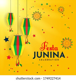 the design of the celebrations of Festa Junina Brazil with decorative paper lanterns and orange and light yellow backgrounds.