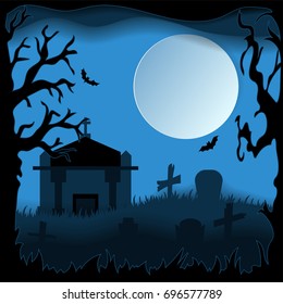 Design cemetery. Happy halloween paper art style. Vector cut illustration.