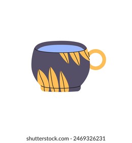 Design of ceramic mug, teacup with palm tree leaves pattern for drinks, beverages. Cute cup of coffee, tea, water decorated with foliage print. Flat isolated vector illustration on white background