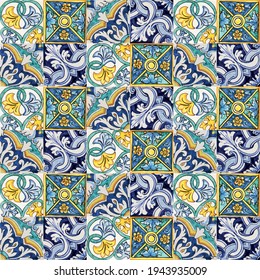 Design for ceramic tiles. Majolica Ornament. Floor Interior Design. Bathroom. Home Decor. Blue, Green, Yellow, Light Blue.