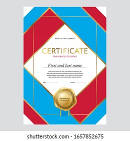 Design of the certificate, diploma, background of red and blue ribbons, with a gold gradient and a medal