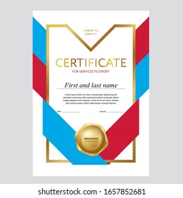 Design of the certificate, diploma, background of red and blue ribbons, with a gold gradient and a medal