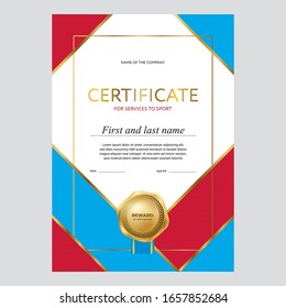 Design of the certificate, diploma, background of red and blue ribbons, with a gold gradient and a medal