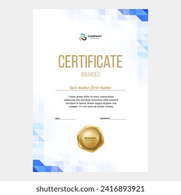 Design of certificate, diploma with medal, seal, layout in vector