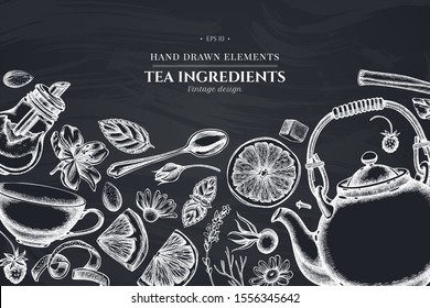 Design mit KreideZimt, Zitronen, Orangen, Teebeutel, Zuckerwürfel, Heder, Kamille, Hunderose, Pfefferminze, Mandeln, Erdbeeren, Teelöffel, Teelöffel, Tassen, Zuckerschüssel