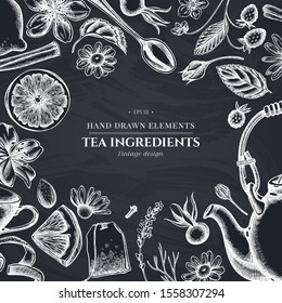 Design with chalk cinnamon, lemons, oranges, tea bag, sugar cubes, heather, chamomile, dog rose, peppermint, almond, strawberry, teaspoon, teapots, cups, sugar bowl