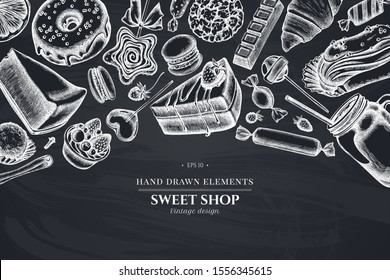 Design with chalk cinnamon, macaron, lollipop, bar, candies, oranges, buns and bread, croissants and bread, strawberry, milk boxes, smoothie cup, lollipop, smothie jars, cheesecake, eclair, cupcake