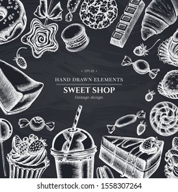 Design with chalk cinnamon, macaron, lollipop, bar, candies, oranges, buns and bread, croissants and bread, strawberry, milk boxes, smoothie cup, lollipop, smothie jars, cheesecake, eclair, cupcake