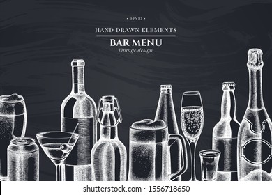 Design with chalk glass, champagne, mug of beer, alcohol shot, bottles of beer, bottle of wine, glass of champagne, glass of wine, glass of martini, aluminum can