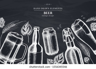 Design with chalk rye, hop, mug of beer, bottles of beer, aluminum can