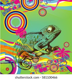 Design of chameleon. Vector illustration. Engraved style