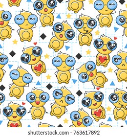 Design character: cute robot with different emotions. Seamless pattern with technological bots. Funny vector background for kids. 