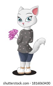 Design character white cat standing with carrying two pink flower, vector illustration