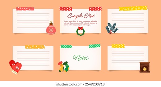 Design a cheerful Christmas multiple note paper. Each note has a white background with colorful decorative tape at the top, placed on a soft orange backdrop and festive ilustrations