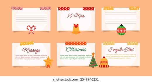 Design a cheerful Christmas multiple note paper. Each note has a white background with colorful decorative tape at the top, placed on a soft orange backdrop and festive ilustrations