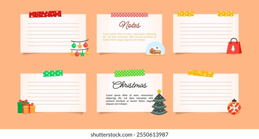 Design a cheerful Christmas multiple note paper. Each note has a white background with colorful decorative tape at the top, placed on a soft orange backdrop and festive ilustrations