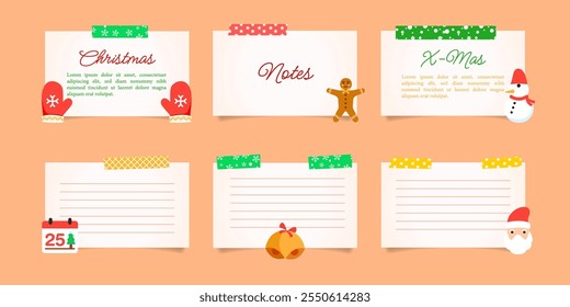 Design a cheerful Christmas multiple note paper. Each note has a white background with colorful decorative tape at the top, placed on a soft orange backdrop and festive ilustrations