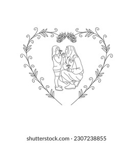 
the design of a child giving flowers to his mother and a love-shaped frame decorated with flowers and leaves, in line art and silhouette style.