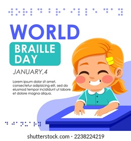 diseño de un niño leyendo una hoja braille. Usé un estilo plano para hacer este diseño, muy adecuado para ser usado en una campaña sobre braille.