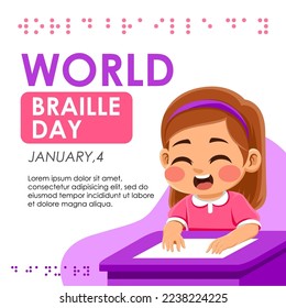 diseño de un niño leyendo una hoja braille. Usé un estilo plano para hacer este diseño, muy adecuado para ser usado en una campaña sobre braille.