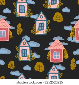 Design for children. Houses for dolls pattern.Vector seamless pattern houses.