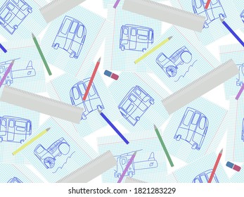 design children seamless pattern with childish doodle drawings of transport, tractor, bus, helicopter for kindergarten on white checkered pages notebook, scattered felt-tip pens, ruler, rubber eraser