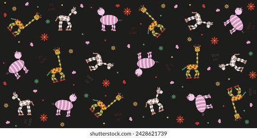 Design Children wallpaper print with Retro Animal toy. Vintage Push and Shake toy abstract. Vector illustration can used bed linen plaid textile print. EPS 10 Editable stroke
