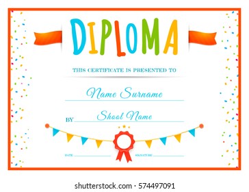 Design Children's Diploma. Template For School Or Kindergarten. Kids Certificate. Vector Illustration