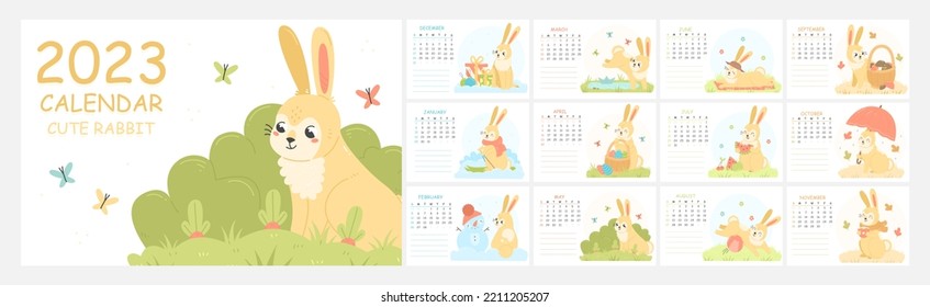 Design a children's horizontal calendar for 2023 with cute illustrations with a rabbit character. 2023 is the year of the rabbit. 12 months. Wall calendar template. Vector illustration.