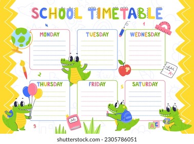 The design of the children's school schedule template. Ready-made class schedule design with a cartoon character crocodile.