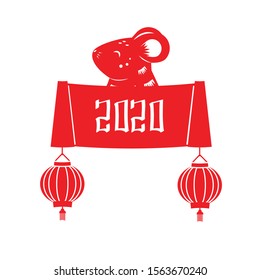Design for Chinese new year 2020 year of rat. Mouse, scroll and red lanterns. Symbol, Sticker, simple icon for celebration Chinese festival