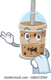 A design of chocolate bubble tea cartoon character working as waiter