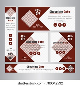 Design For Chocolate Cake Web Cafe banners of different standard sizes. Templates with round place for photos, buttons. Vector illustration Set. Restaurant Banner