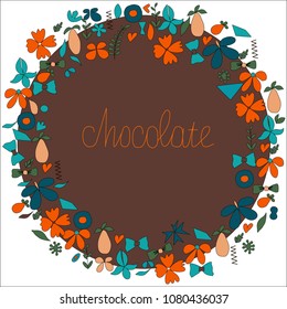 Design chocolate color, hand drawing, individual elements of the decor in a circle. Vector illustration.