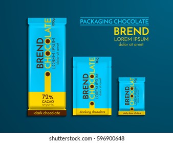 Design of chocolate packaging. Realistic set on a blue background. Vector illustration