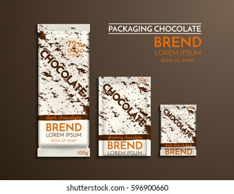 Design of chocolate packaging. Realistic set with orange logo. Vector illustration