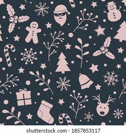 Design of Christmas background with festive decorations. Seamless pattern. Vector