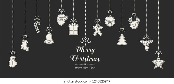 Design of Christmas banner with wishes and hand drawn ornaments. Vector.
