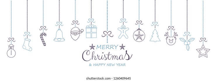 Design of Christmas banner with wishes and hand drawn ornaments. Vector.