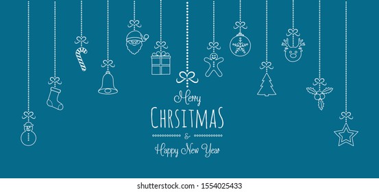 Design of Christmas banner with wishes and hand drawn ornaments. Vector.