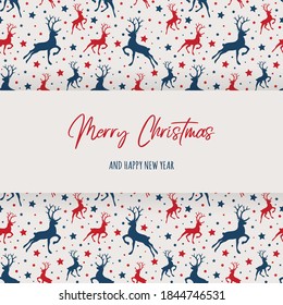 Design of Christmas card with frame. Reindeers and stars. Vector