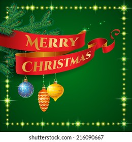 Design of Christmas card. Red ribbon and Christmas tree decorations on green background 