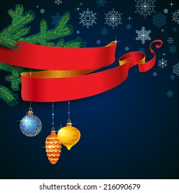 Design of Christmas card. Red ribbon and Christmas tree decorations on blue background