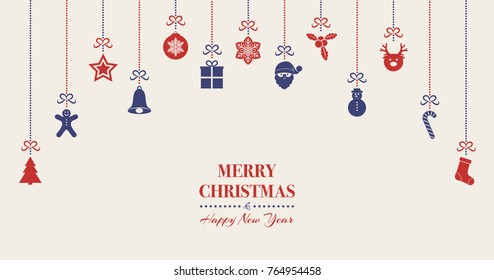 Design of Christmas card with wishes and hanging decorations. Vector.