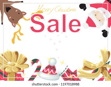 Design a Christmas discount billboard with gifts below and Santa with a reindeer at the top on white background.